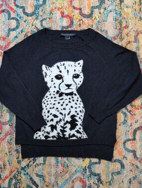 French Connection Scoop Neck Navy Wool Sweater with Cheetah Small